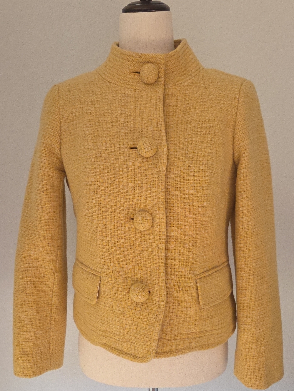 J. Crew Mustard Yellow Tweed Oversized Funky Button Cropped Jacket Wool Blend